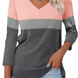 Women's V Neck 3/4 Sleeve Tops Color Block/Solid Shirts Basic Summer Tees